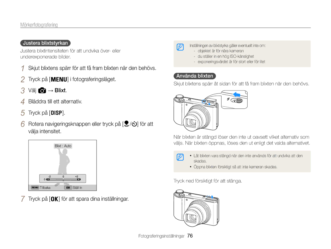 Samsung EC-WB850FBPBE2 manual Justera blixtstyrkan , Använda blixten , Tryck ned försiktigt för att stänga 